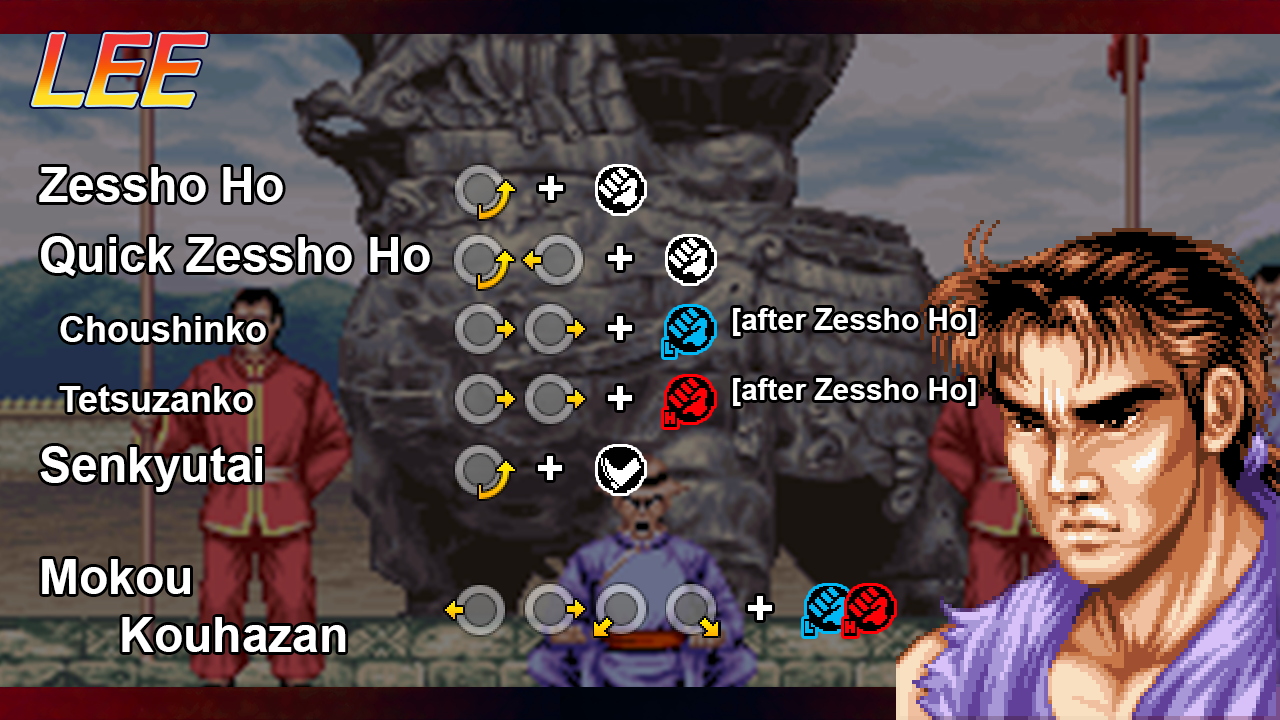 Lee Diendou card showing his special move inputs.